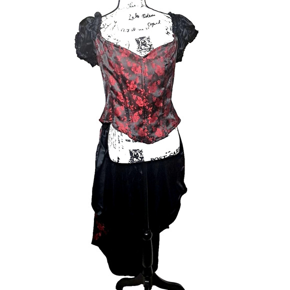 Gothic Ophelie Brocade Corset Dress XL Red Vamp Victorian Festival Steampunk - Picture 1 of 16